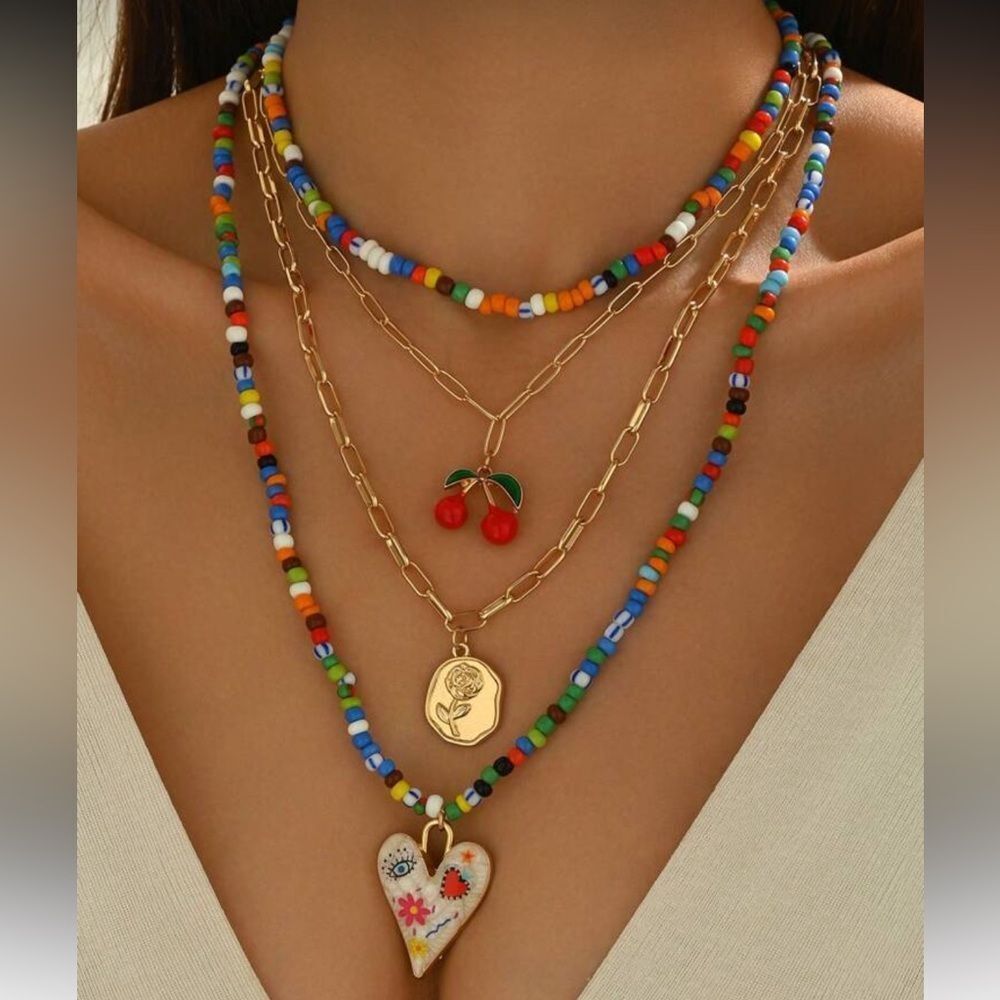 Colorful Beaded Heart Necklace Set M558 - Picture 2 of 5